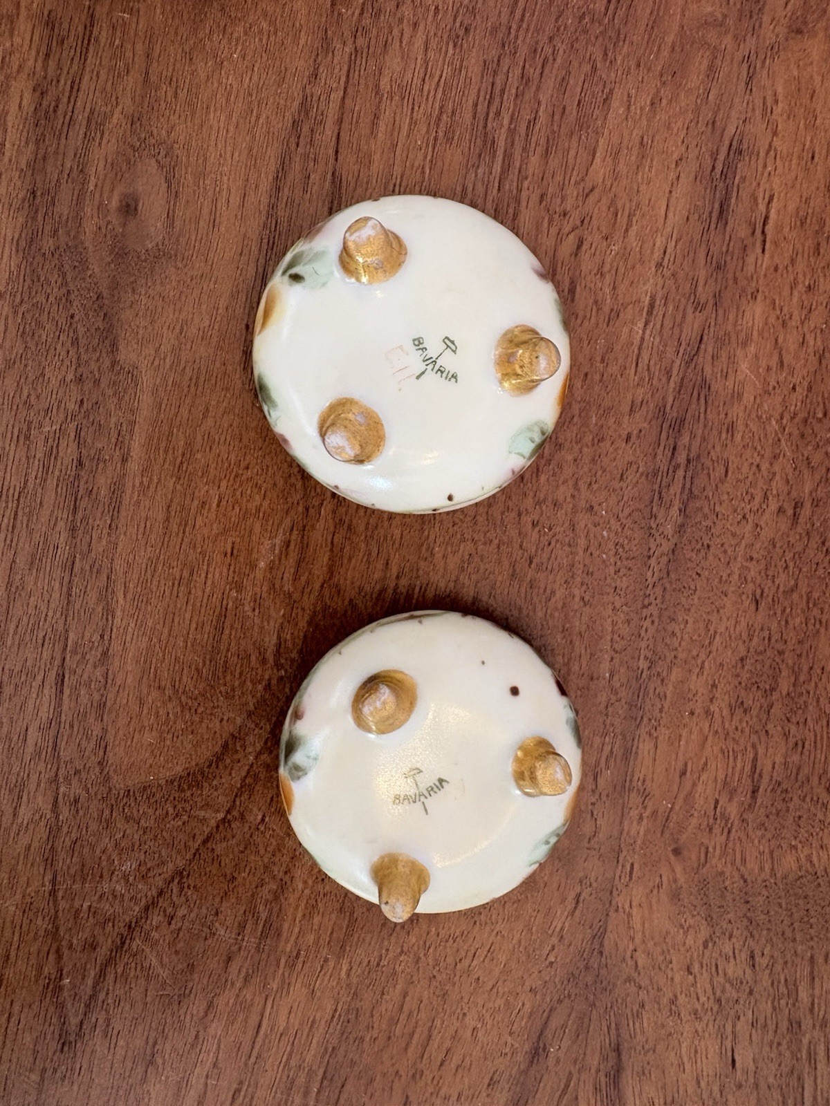 2 Antique Bavaria Open Salt Cellars Dips 1.75” Hand Painted Footed Yellow Roses