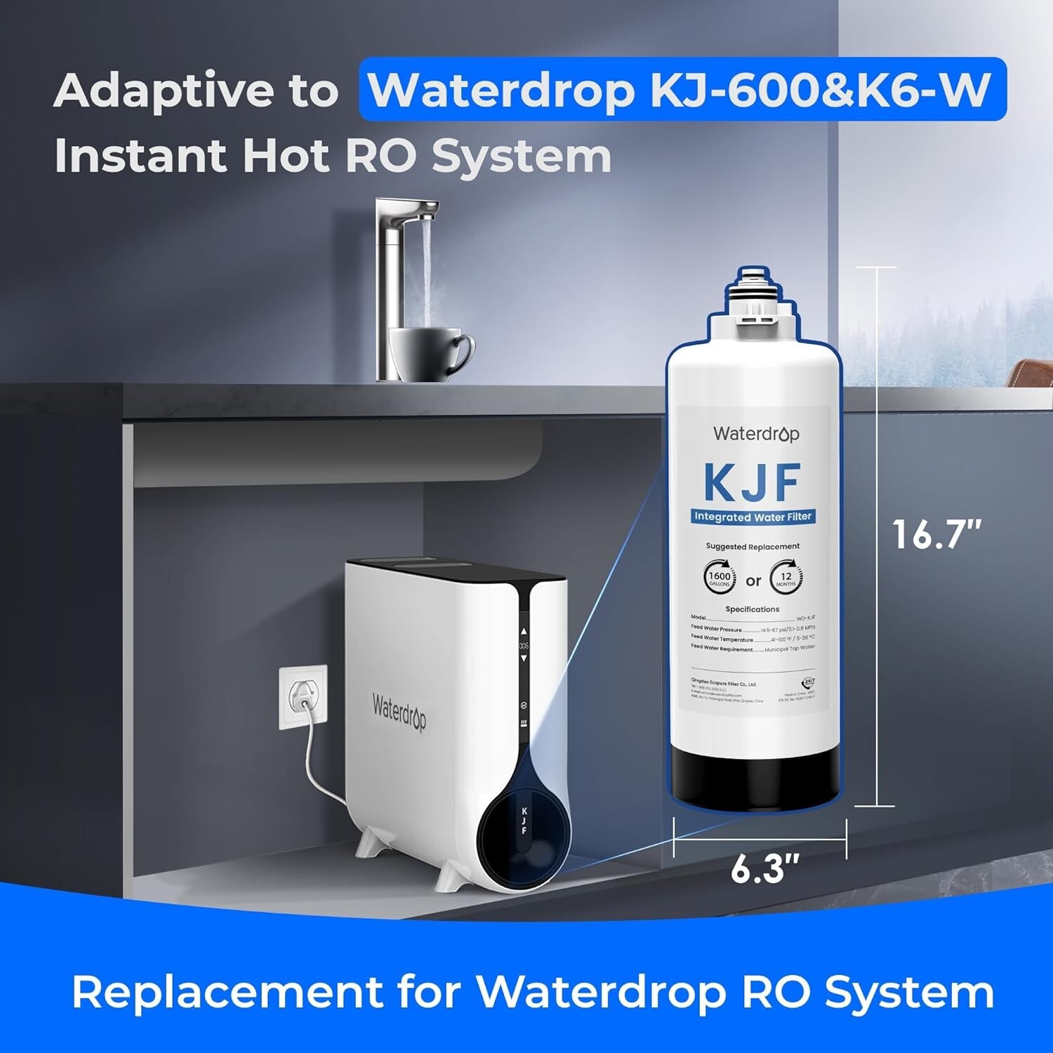Waterdrop WD-KJF Filter,Replacement for WD-KJ600 Reverse Osmosis Water Dispenser