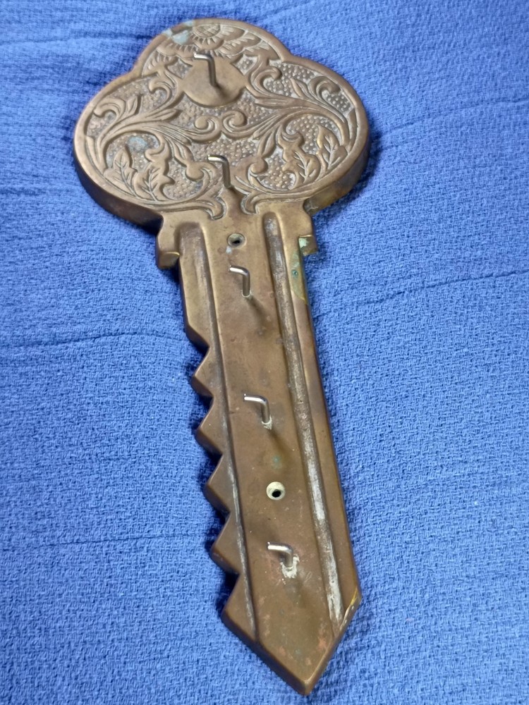 Vintage LARGE Wall Key Holder, Key Shaped Solid Brass w 5 Hooks