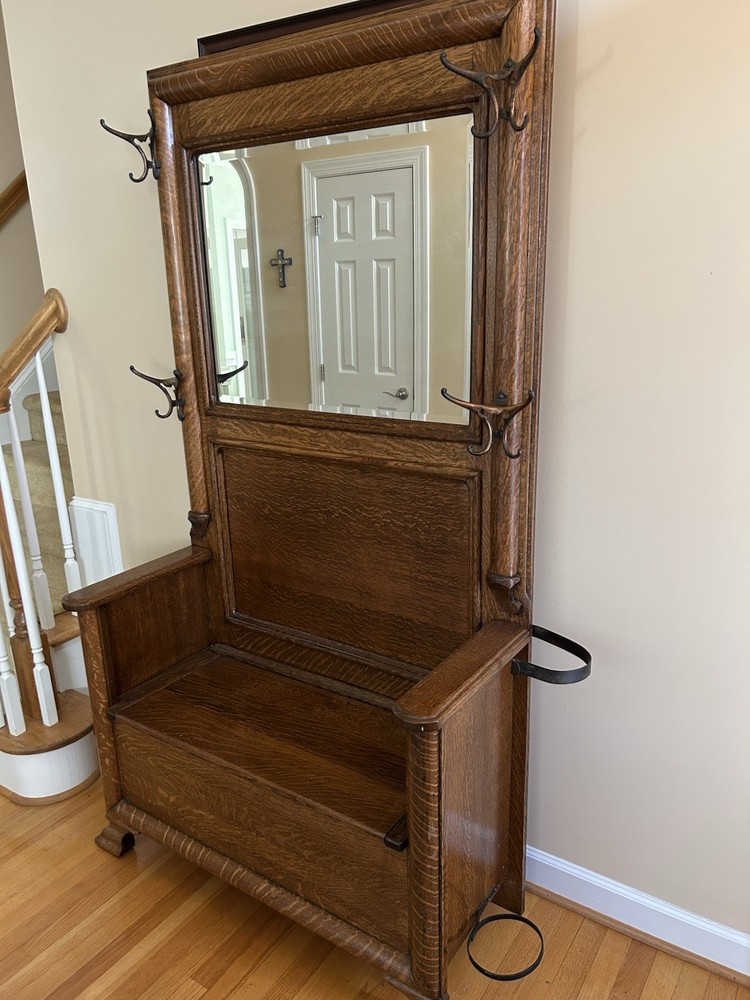 Antique Oak Hall Tree With Storage