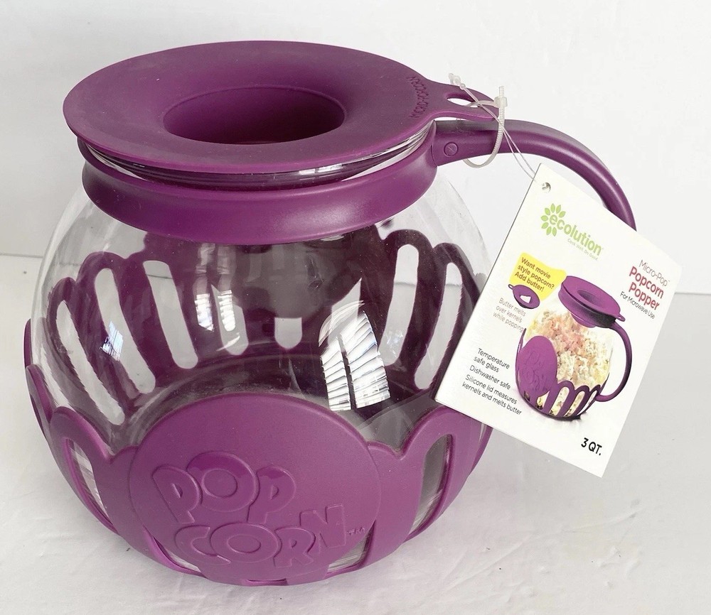 Ecolution Micro Pop Microwave Popcorn Maker Purple Temperature Safe Glass 3Qt