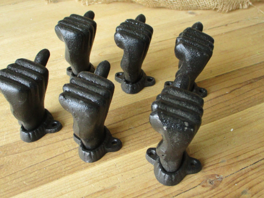 6 Cast Iron Hand Wall Mounted Hook Door Knob Pulls Thumbs Up Drawer Pull Black