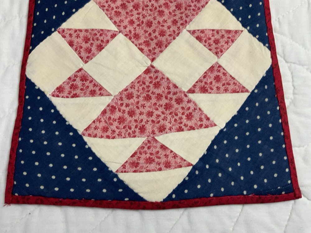 Antique Vintage Patchwork Quilt Table Topper, Four Patch W/ Triangles, Pink Navy