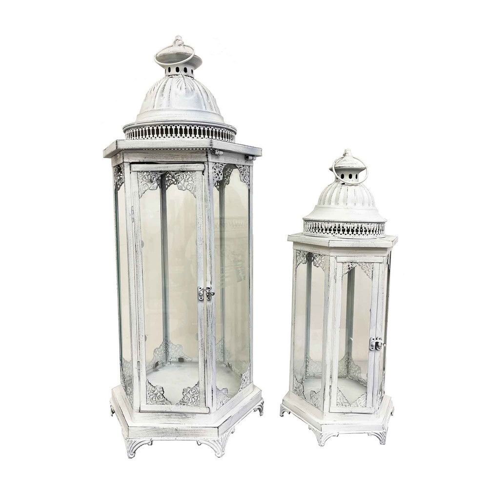 Set Of 2 Distressed White With Handles Lanterns