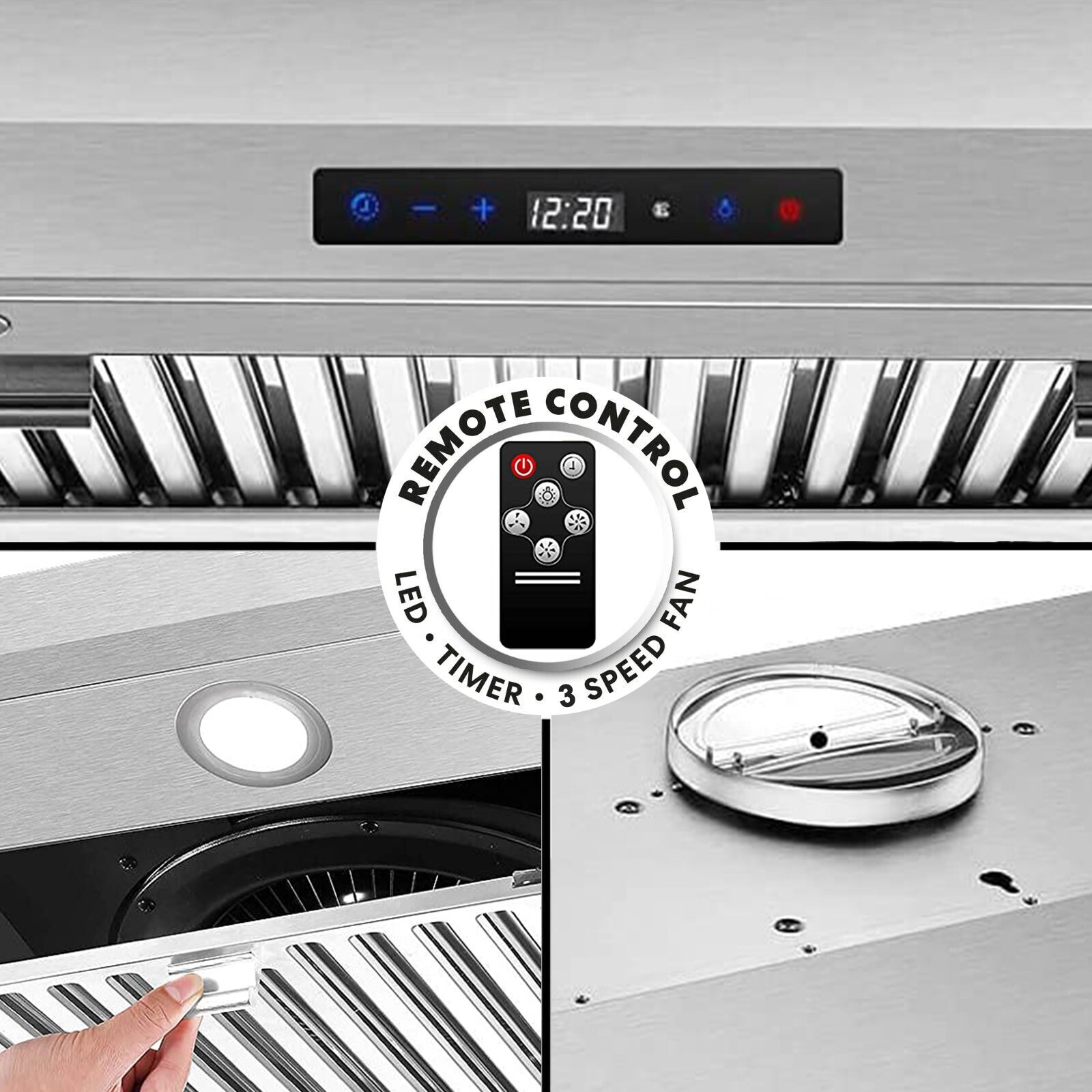 30 inch Under Cabinet Kitchen Range Hood 800CFM 3-Speed Remote Touch Control LED