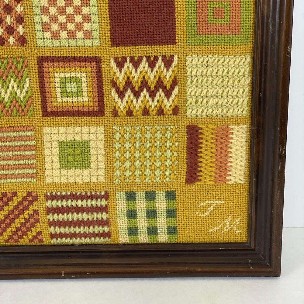 Vintage 1970s Needlepoint Patchwork Completed Wall Hanging Handmade 13x13 Framed