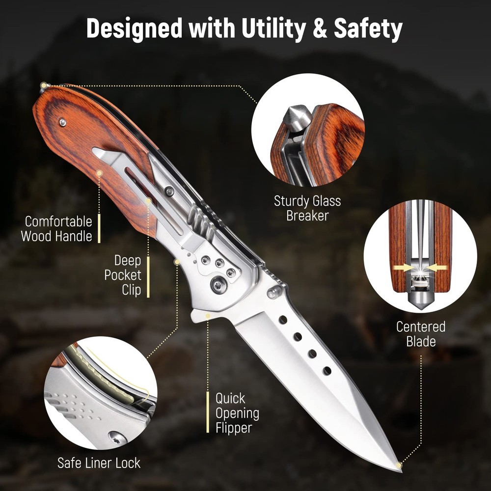 Pocket Knife for Men - Sharp Blade Wood Handle Pocket Folding Knives with Cli...