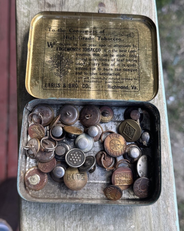 Old TOBACCO TIN With WORK Buttons Studs Rivets All Different Names