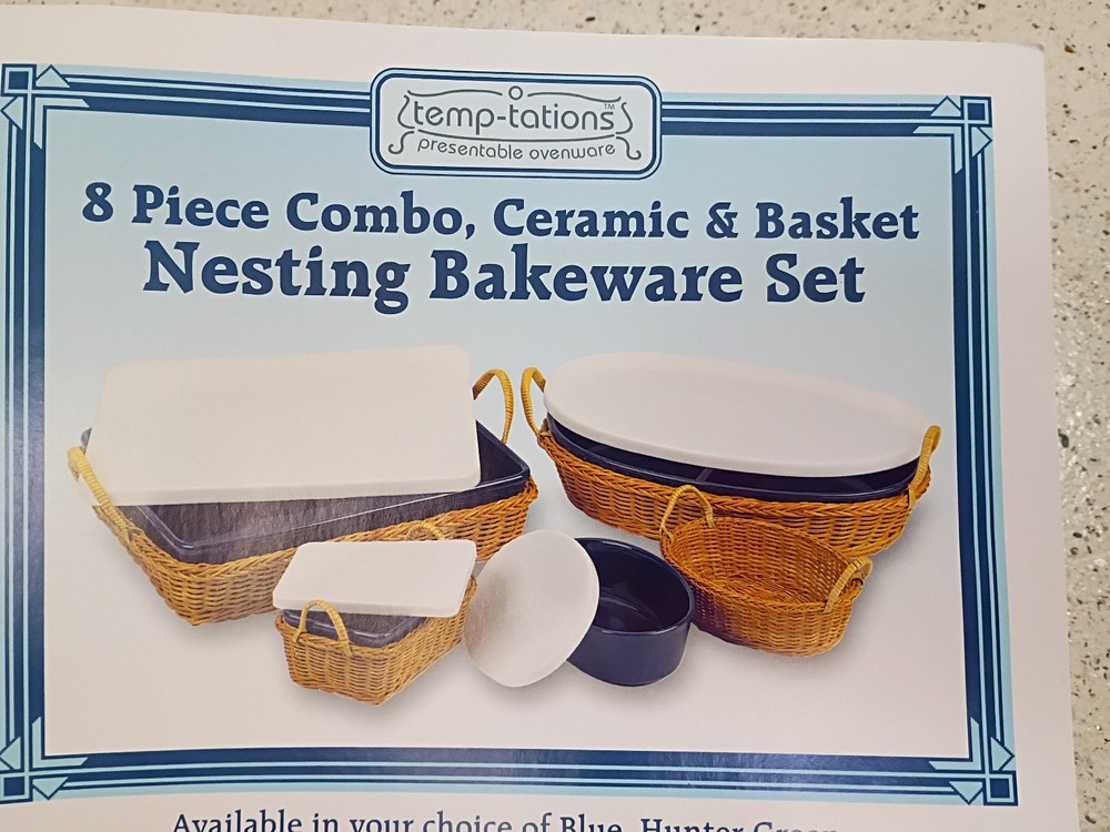 temp-tations 8 Piece Combo, Ceramic & Basket Nesting Bakeware Set, lids (new)