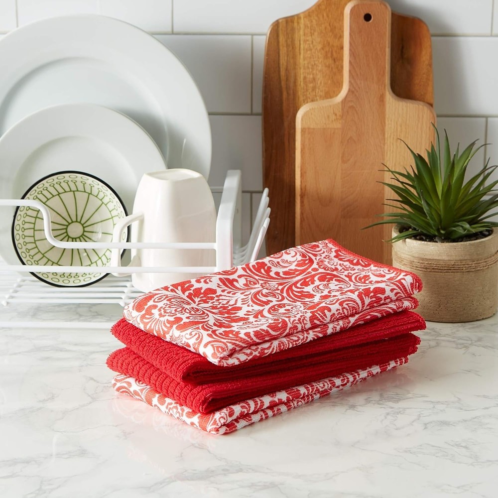Cleaning Collection Multi-Purpose Microfiber Red Damask Dishtowel Set
