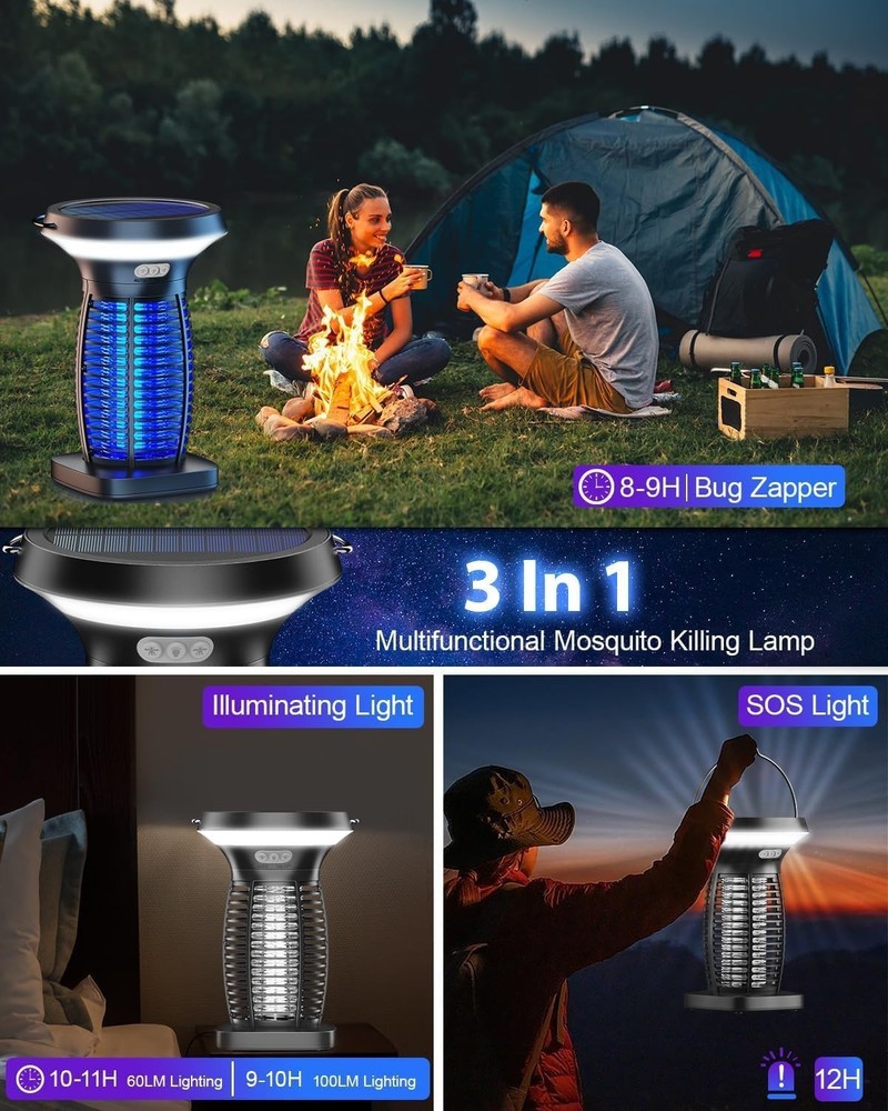Solar Bug Zapper Mosquitoes Zapper Fly Zapper with Panel Sensor& LED Night Light