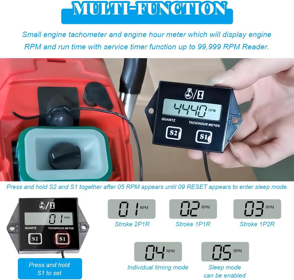 Small Engine Tachometer, Waterproof Inductive Hour Meter for 2 Stroke 4 Strok...