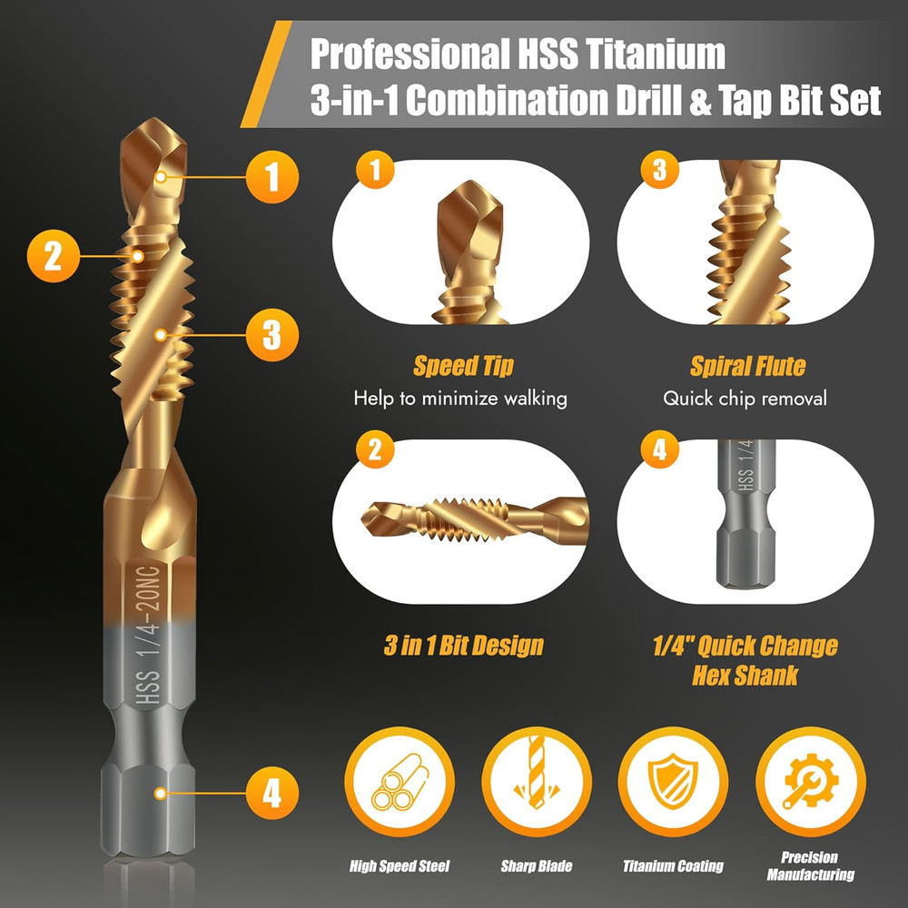 6 Pack Combination Drill and Tap Set, Professional HSS Titanium Thread Tap Drill