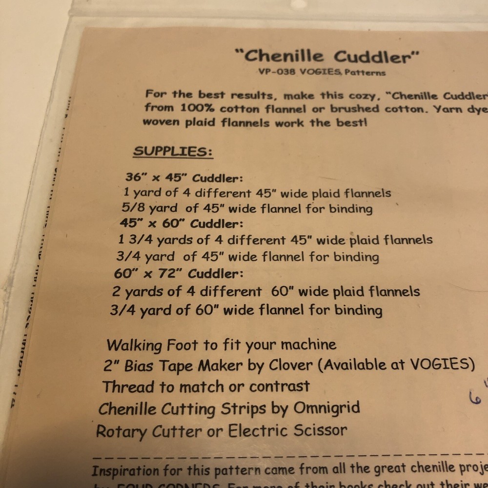 Chenille Cuddler Quilt Vogies Patterns 3 Sizes