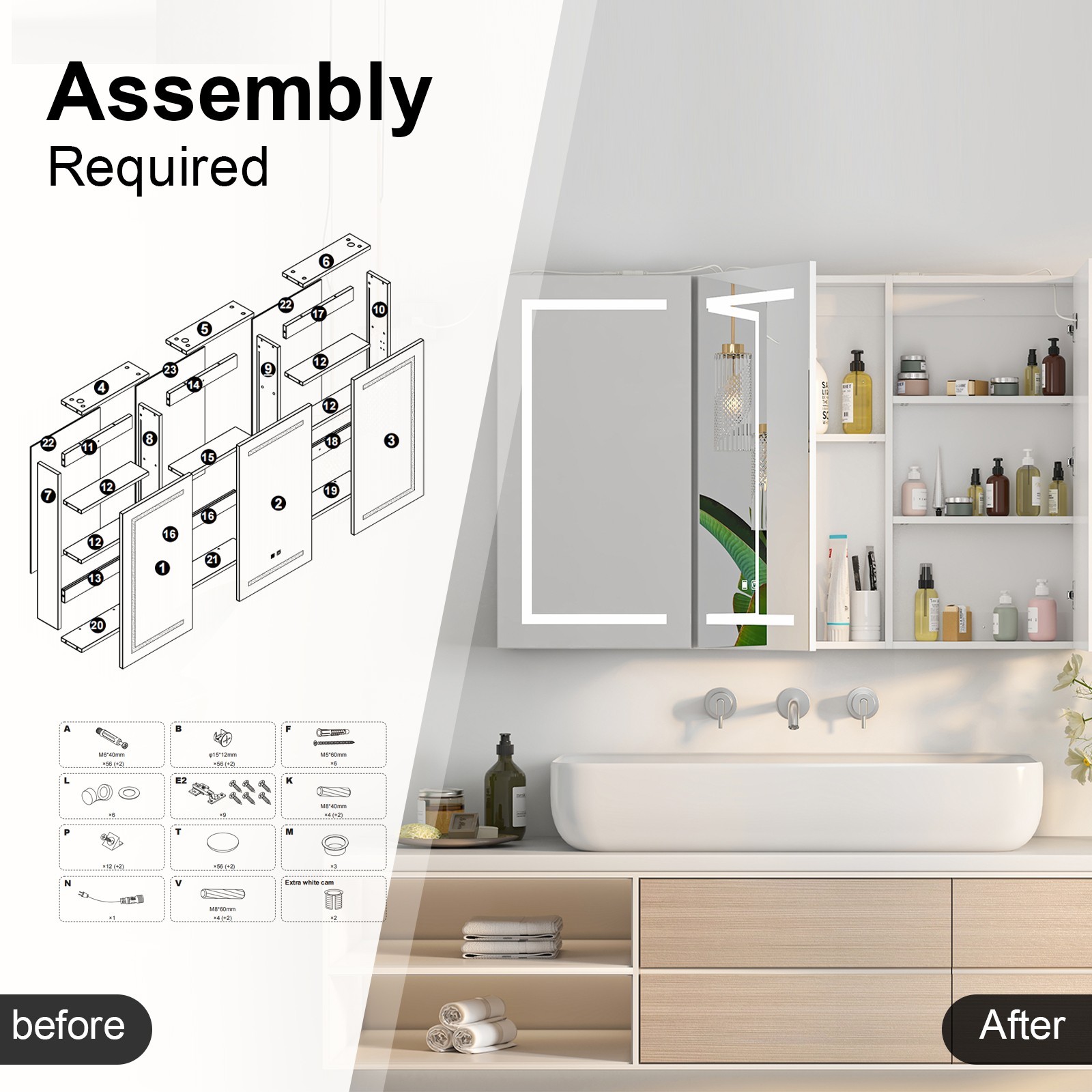 LED Lighted Medicine Cabinet 3 Doors Wall Mounted Bathroom Mirror with Storage