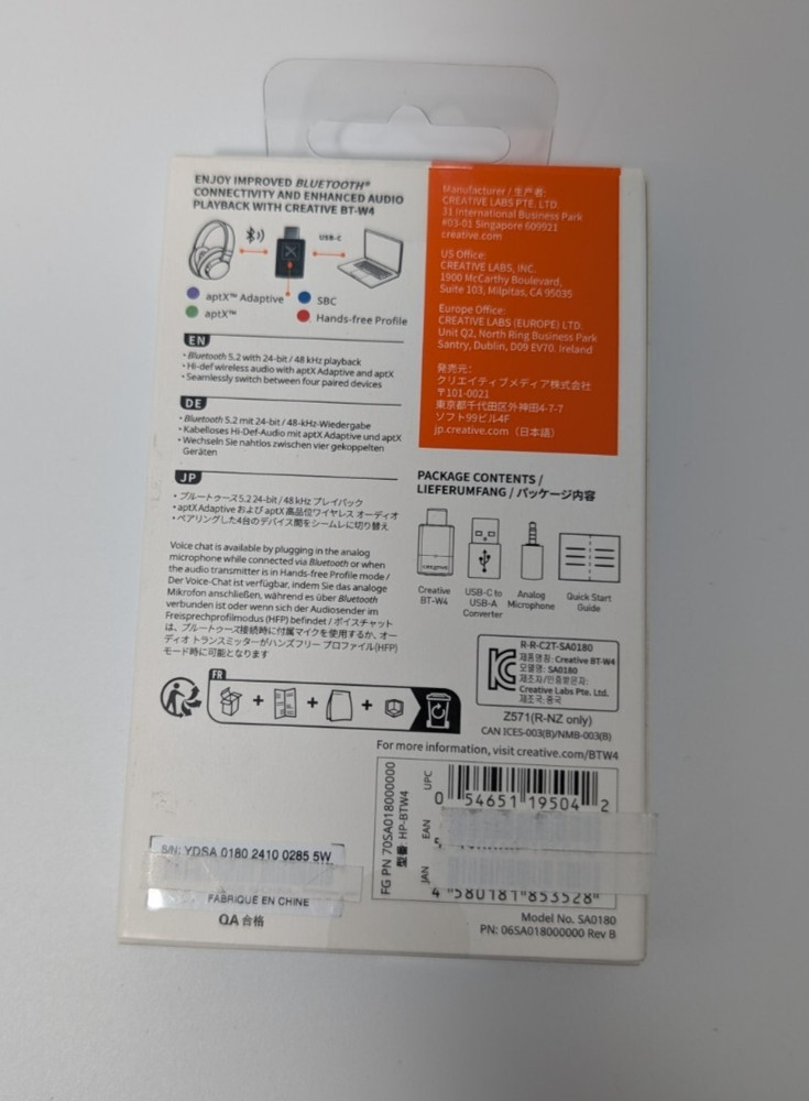 Creative BT-W4 PS4/PS5/Nintendo Switch compatible aptX Adaptive up to 24bit/96kH