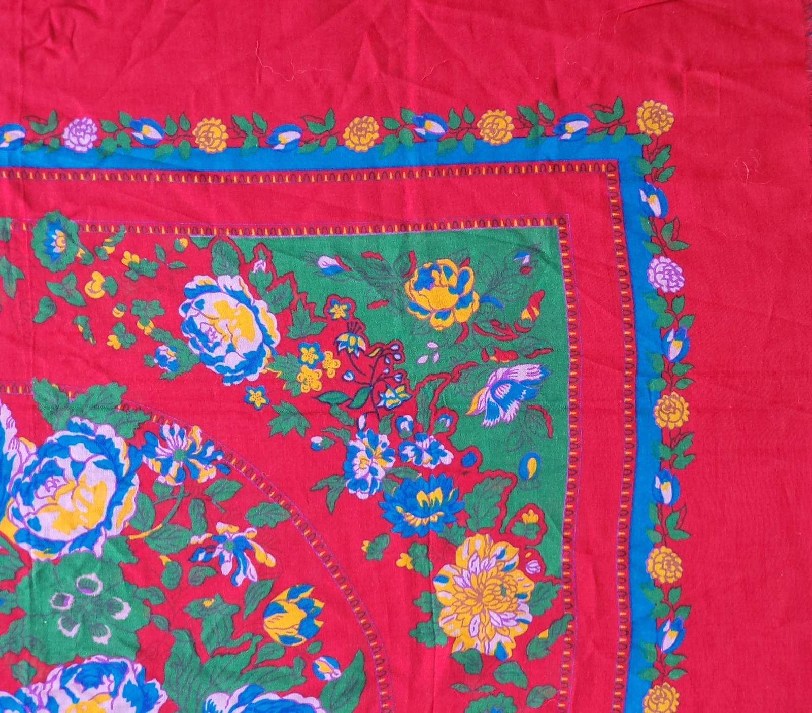 Vintage Square Woven Print Scarf Floral Red Blue Yellow Pink Fringe Japan 48”