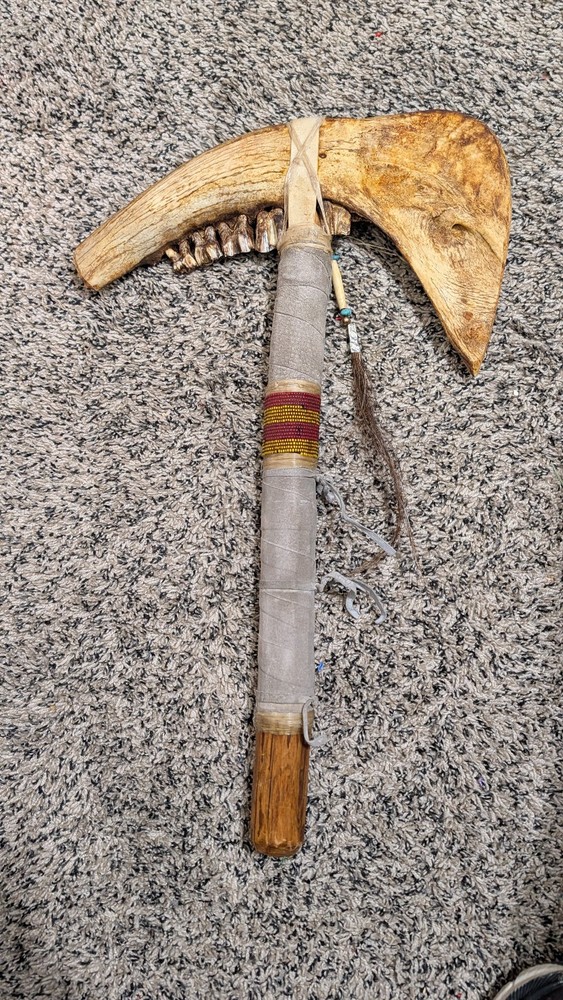 Handmade Decorative Tomahawk – Buffalo Jaw Bone Head, Beadwork & Wrapped Handle