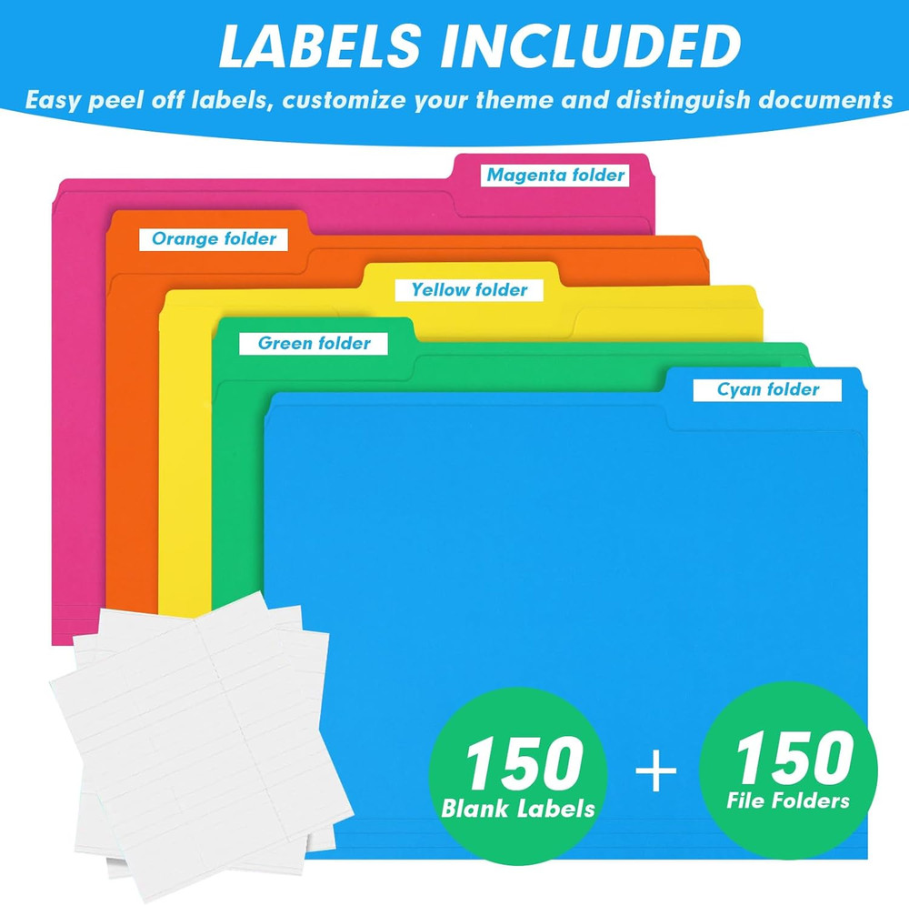 File Folder, 150 Pack 1/3 Cut Tab Colored File Folders, File Folder Letter S...