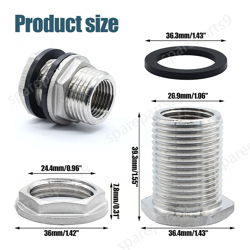 Stainless Steel Bulkhead Tank Fitting 3/4" GHT Male to 1/2" NPT Female Thread