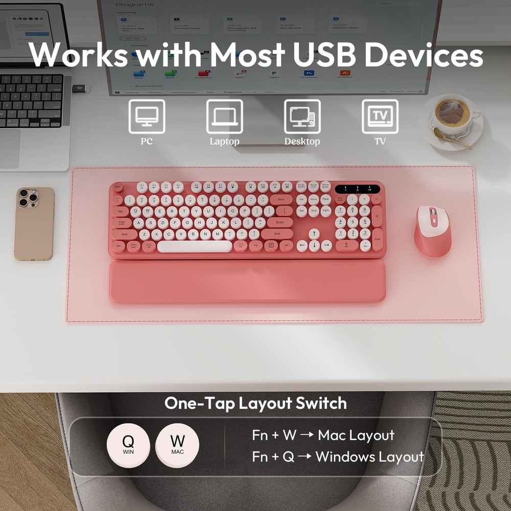 Wireless Keyboard and Mouse Combo, Typewriter Keyboard with Detachable Wrist ...