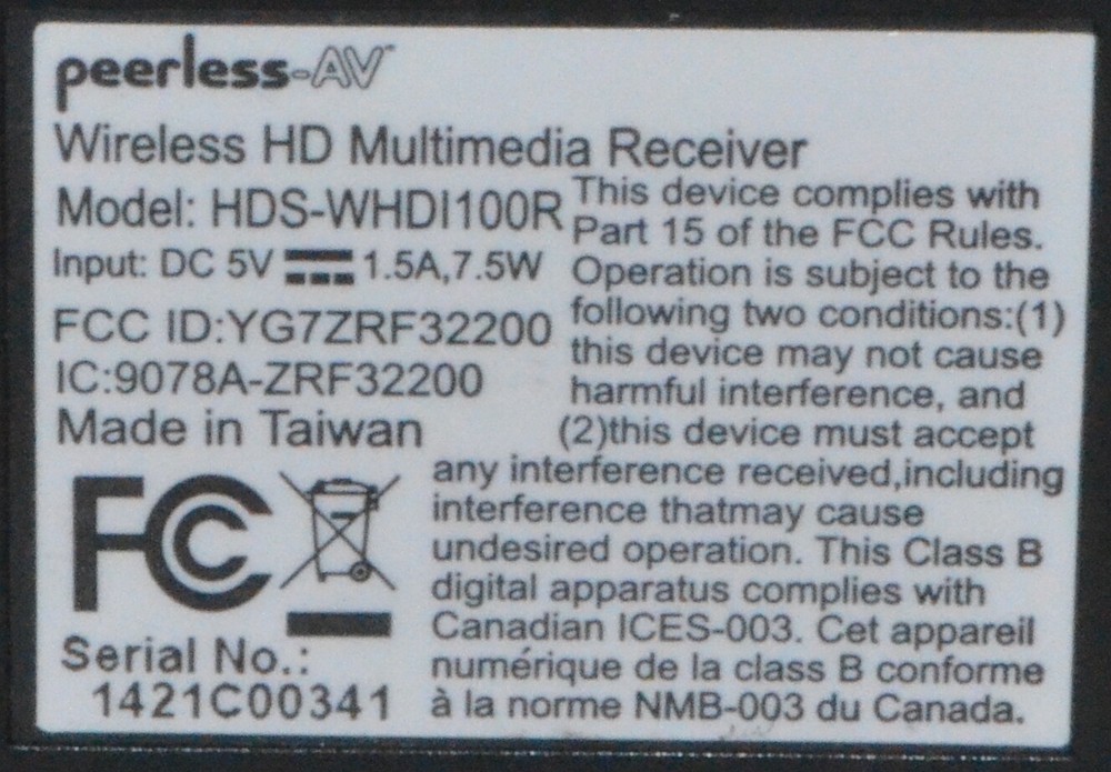 Peerless-AV HDS-WHDI100R Wireless HD Multimedia Receiver *Used*