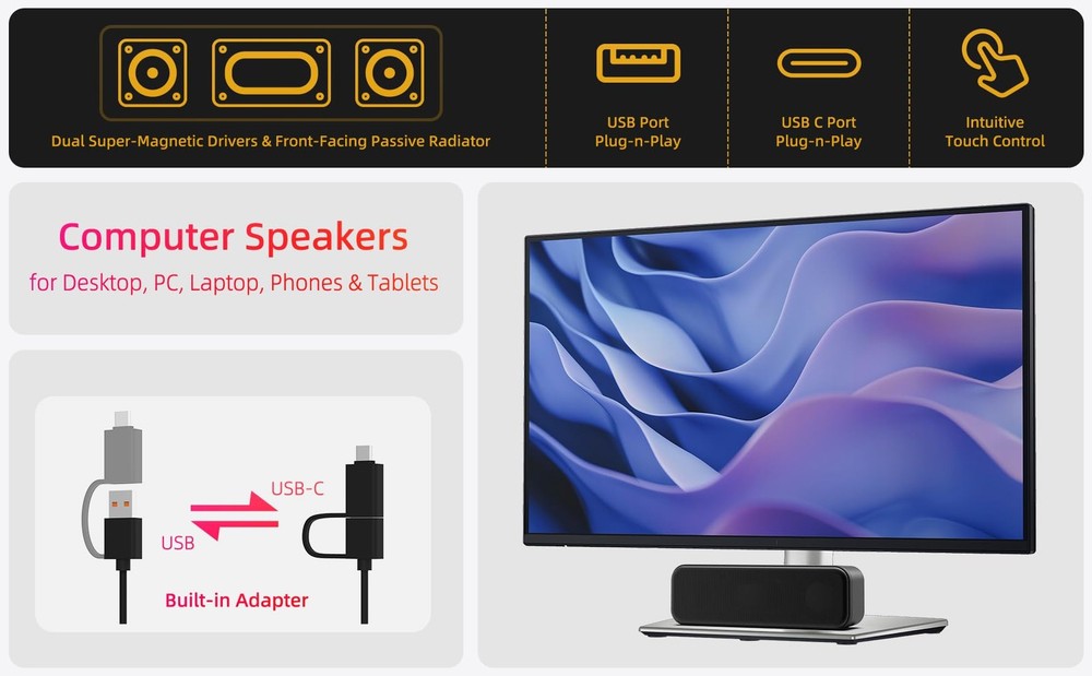 Computer Speakers for Desktop PC Laptop, Wired, USB Plug-in, External Speaker