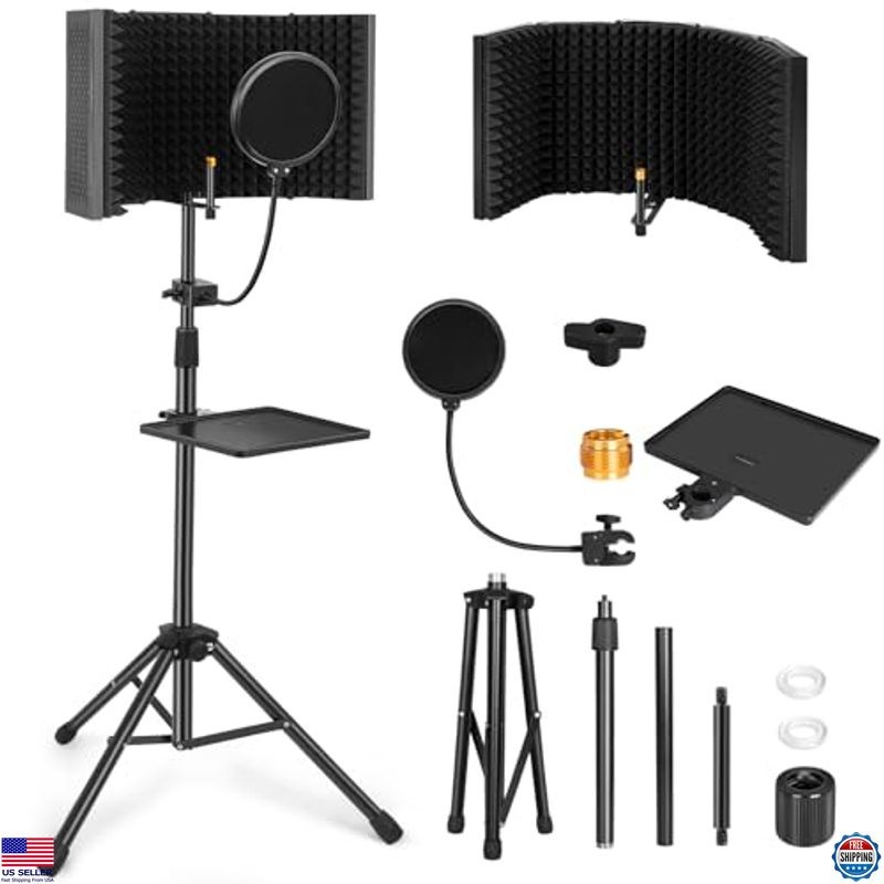Mic Isolation Shield with Stand Curved Panel for Microphone, Foldable Mic Shield