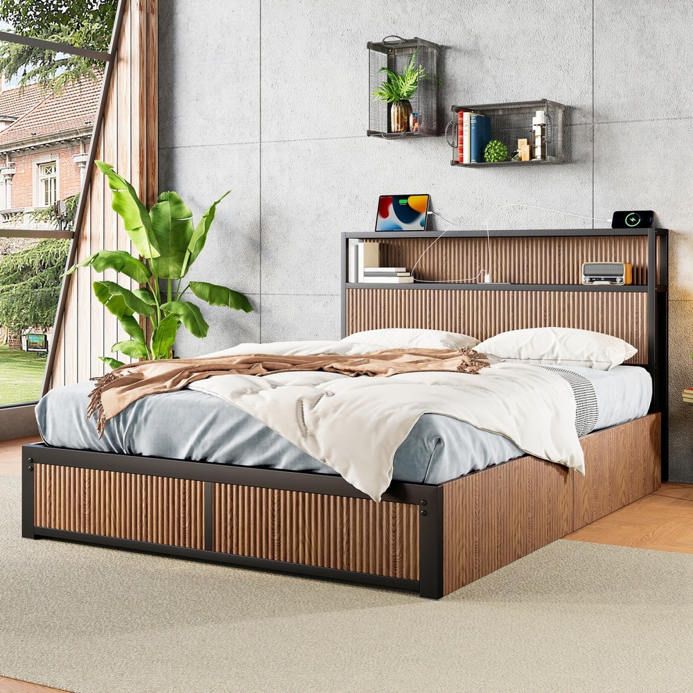 Queen Size Platform Bed Frame with 4 Drawers & Storage Headboard & USB Ports