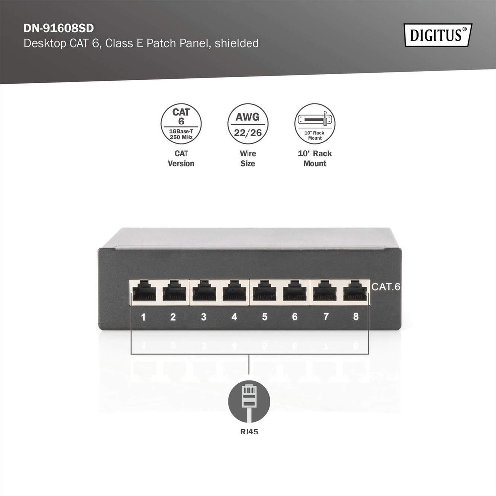 DIGITUS Desktop Patch Panel 8-Port/Cat.6 / Shielded/Cable Installation via LSA T