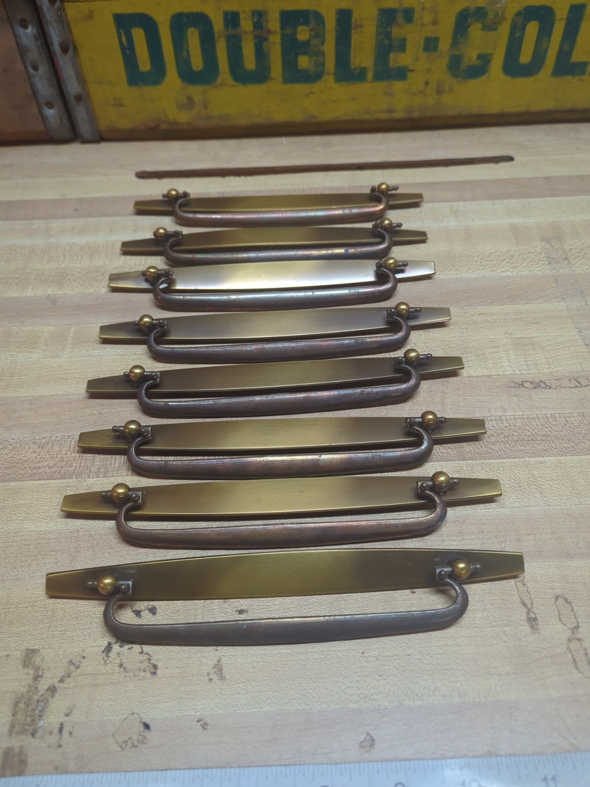 Lot of 8 Vintage Burnished Brass Drawer Pulls, 7.625" Long