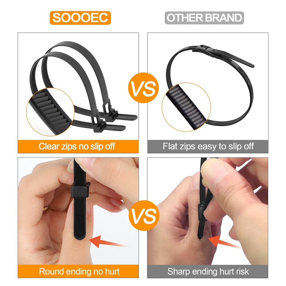 SOOOEC 200 Pack Reusable Zip Ties Assorted Sizes Sizes, Black