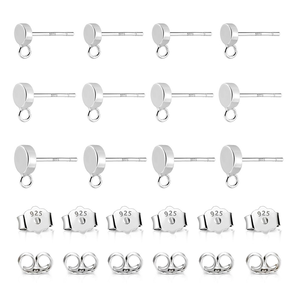 12Pcs Flat Sterling Silver Post with Earring Hook, 3/4/5mm Ear Studs with Loo...