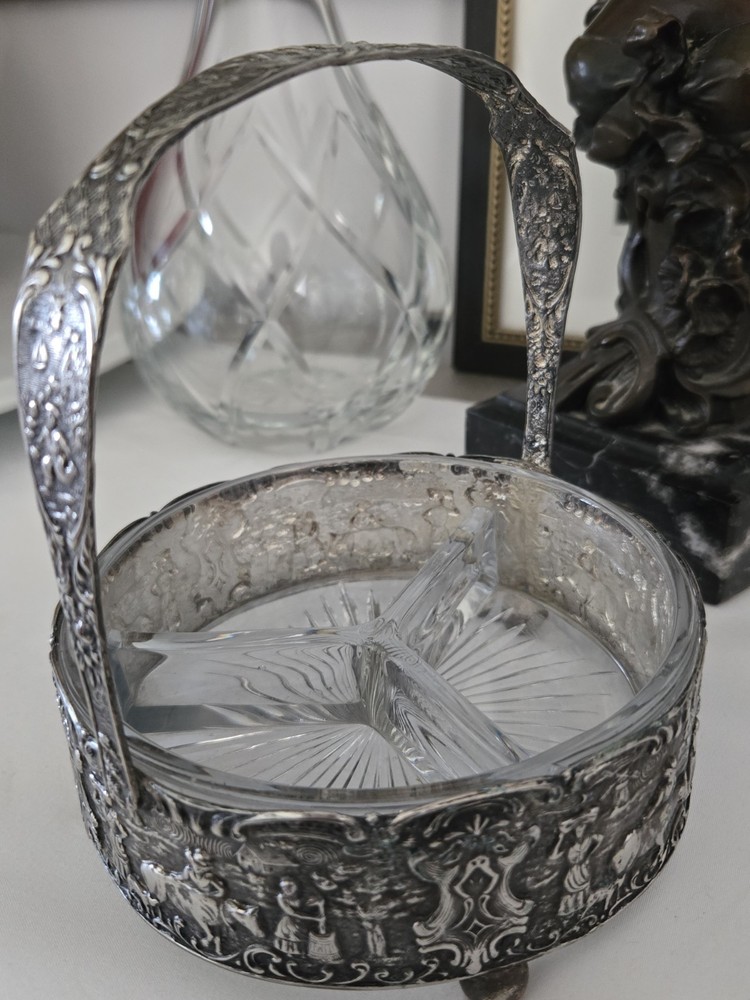 VTG Holland Ware Silverplate Dutch Figural Handled Serving Dish w Glass Insert