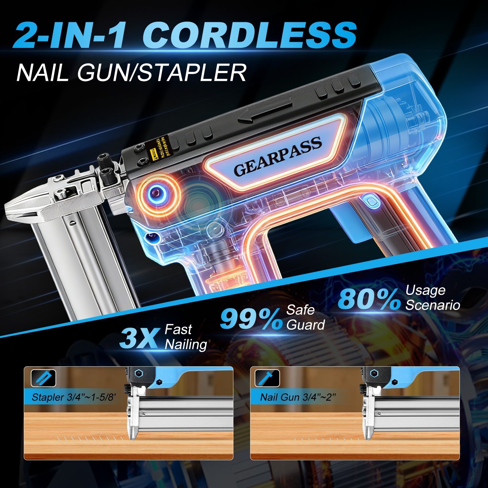 21V 2 in 1 Cordless Nail Gun Brad Nailer with 18 GA w/ Charger & 2 Batteries