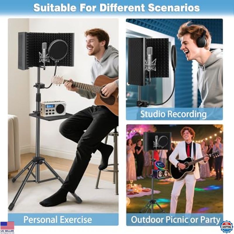 Mic Isolation Shield with Stand Curved Panel for Microphone, Foldable Mic Shield