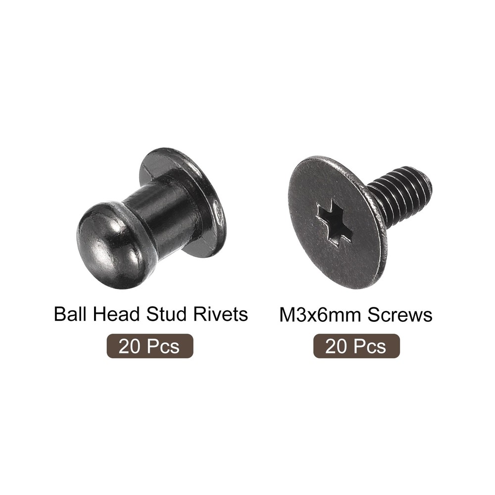 5mm Ball Head Stud Rivets Screw Back, 20Pack Round Head Button, Metallic Black