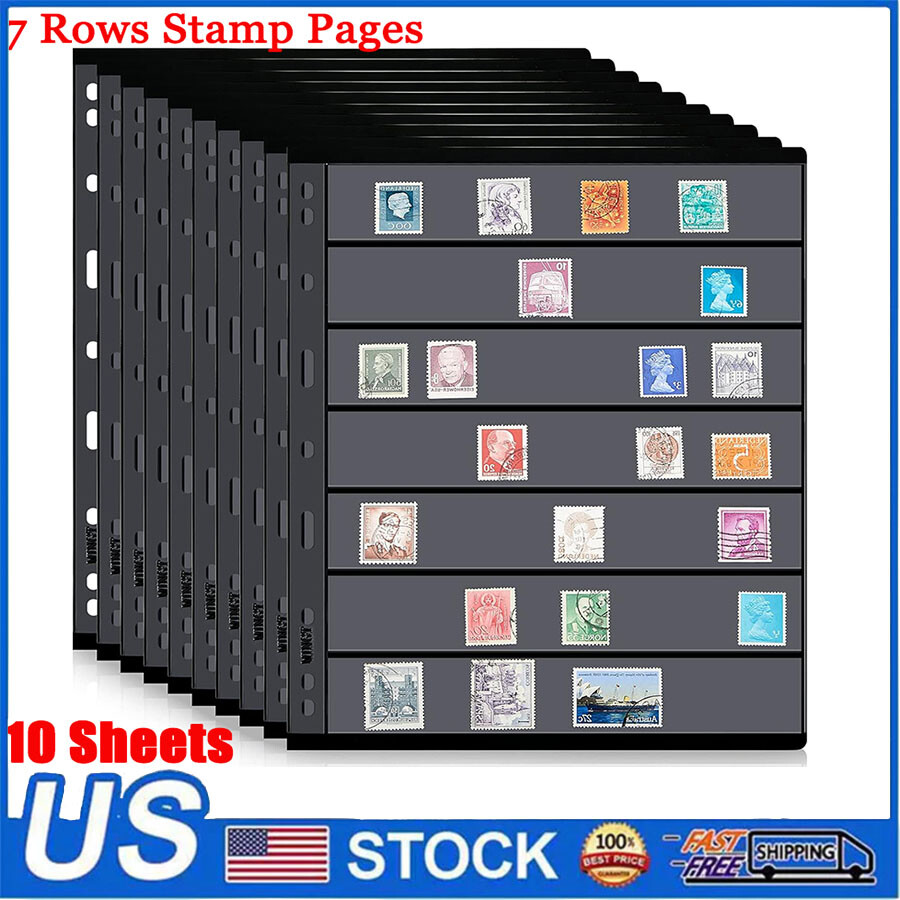 10PCS Black Stamp Stock Pages 7 Rows Double Side Archival Sheet US