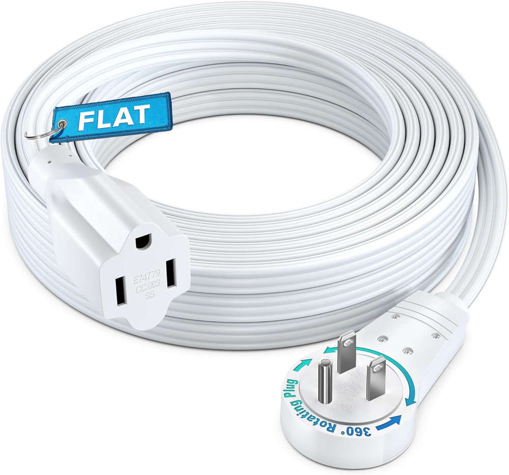 360 Rotating Flat Plug Extension - 20Ft Low Profile Cord for under Carpet (White