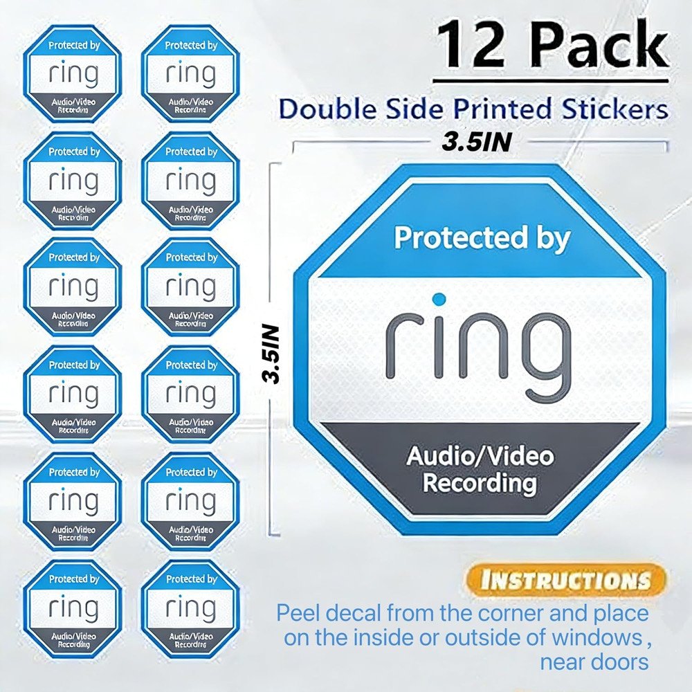 12 Pack Ring Security Stickers，Double Sided HD Printed Waterproof Security Decal