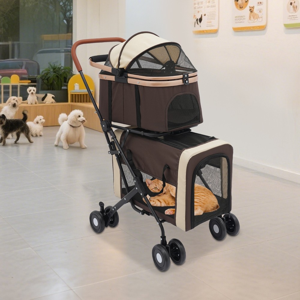 2-Tiers Cat Stroller Foldable Pet Stroller Small & Medium Dogs Stroller 77lbs