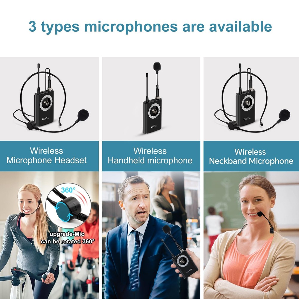 Wireless Microphone Headset, Head Mic Speaker System, UHF Professional Handhe...