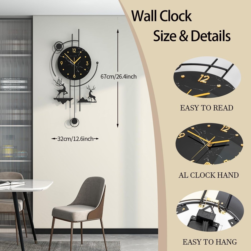 FLEBLE Large Modern Wall Clock with Pendulum –Silent Quartz Battery Operat