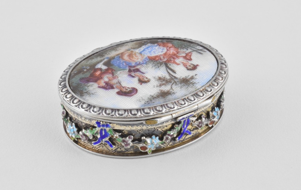 Antique Austrian-Hungarian Solid Silver Enamel Patch Pill Box, Vienna, 1872