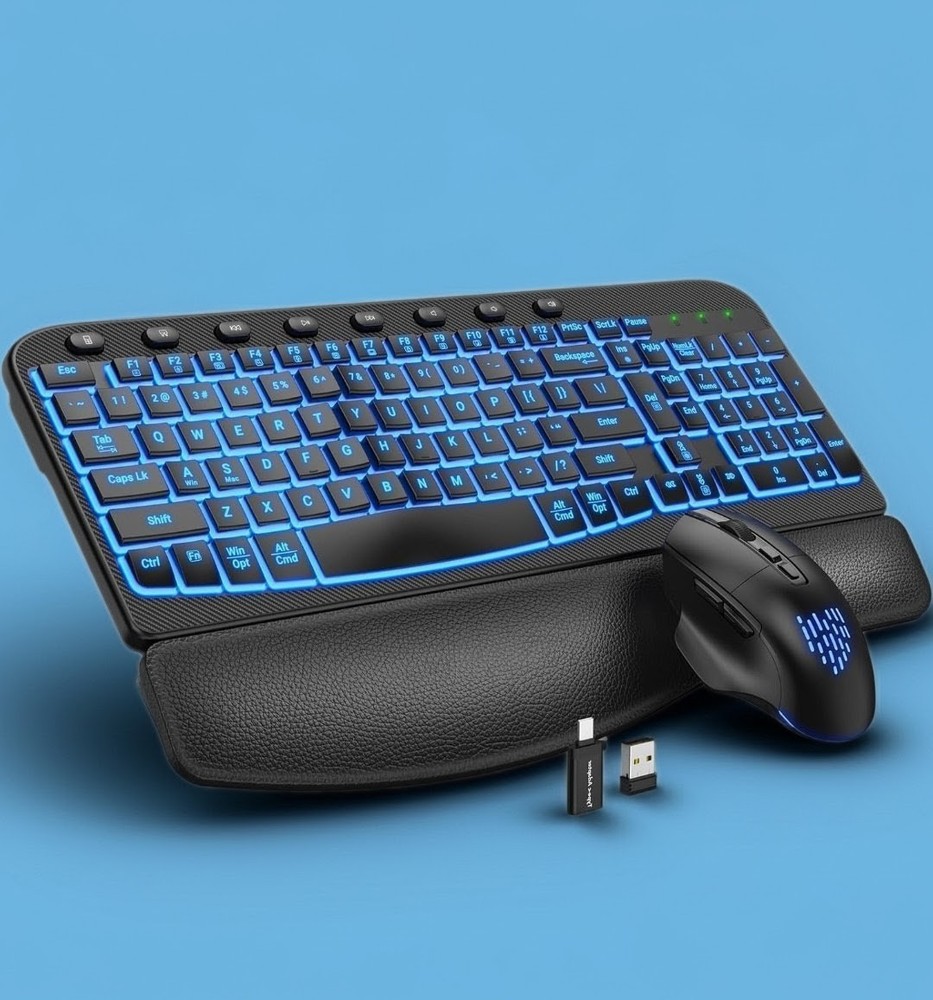 Ergonomic Wireless Keyboard and Mouse Combo - Wave Backlit Keyboard with Soft...