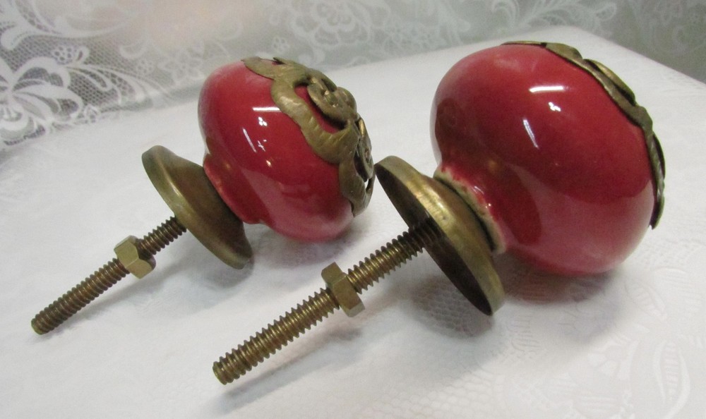 Set of 2 Large RED Round CERAMIC KNOBS with Brass Flower Decorative Drawer Pulls