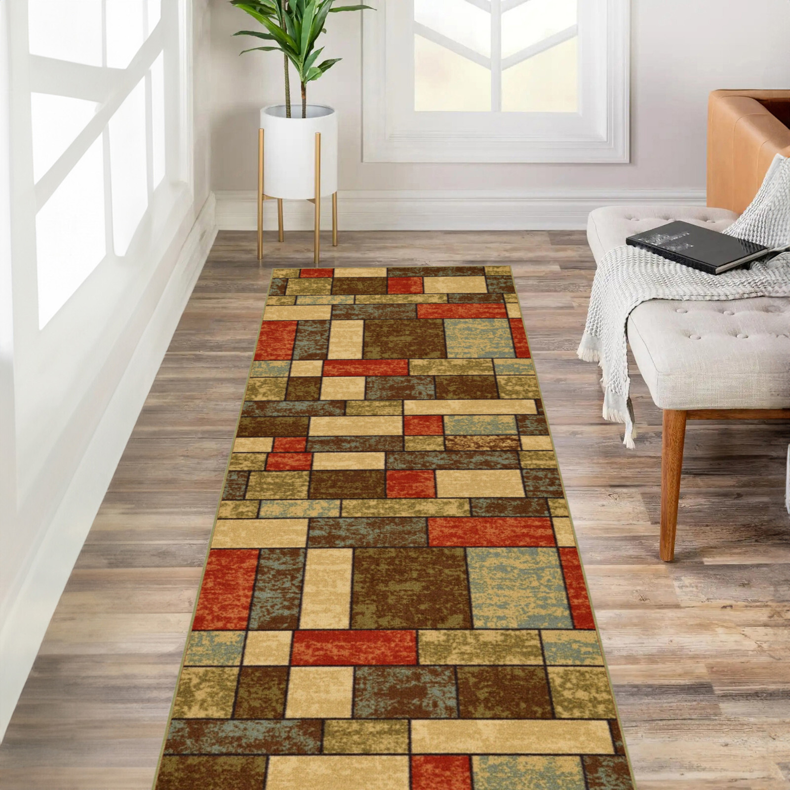 Custom Size Stair Hallway Runner Rug Non Slip Rubber Back Multicolor Tiles 3D