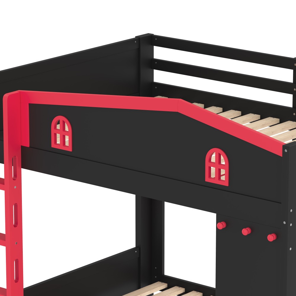 Queen Over Queen Bunk Bed w/ Trundle & Storage, Solid Wood Frame, Black/Red