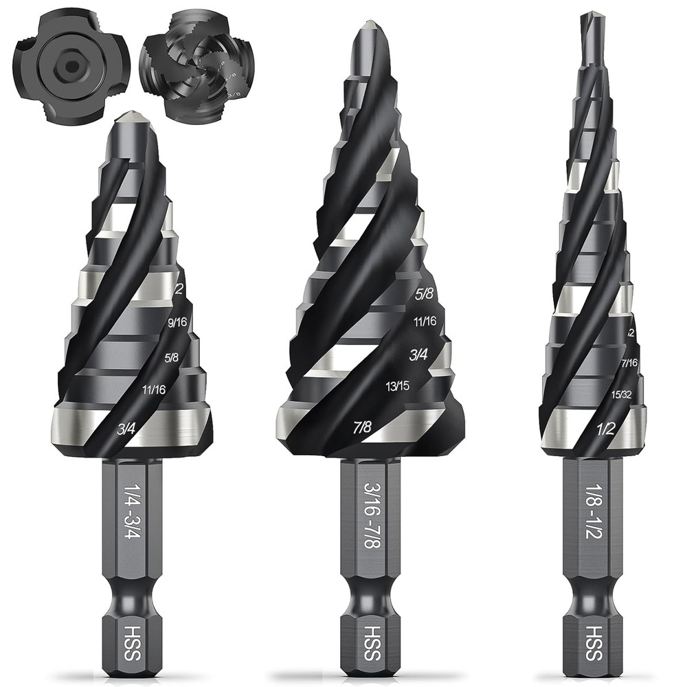 THINKWORK Four Spiral Flute Step Drill Bit Set, 3 Pcs HSS Step Drill Bits (1/8"-