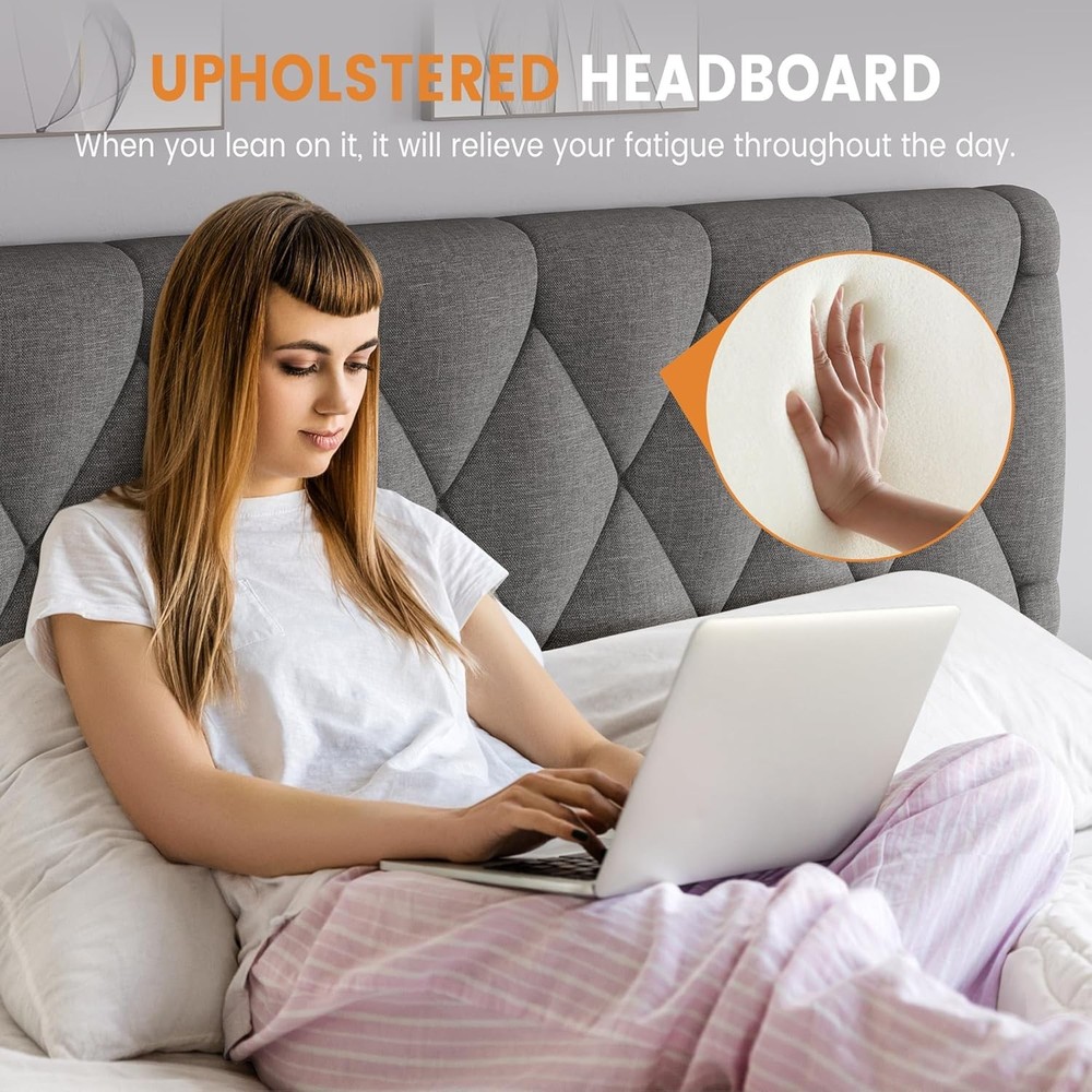 🔵Modern Upholstered Queen Size Bed Frame with Button Tufted Headboard Drawers